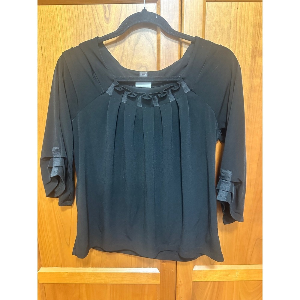 Worthington‎ Petite Stretch Black Pleated Neck Ribbon Sleeve Blouse Top PM